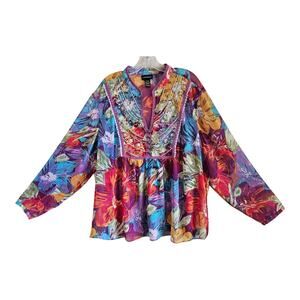 LANE BRYANT Plus 22 24 Babydoll Blouse Semi Sheer Multicolor Embellished Bust 50